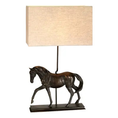 Table Lamp Large Horse Statuette Natural Hessian Shade Bronze Patina LED E27 40w