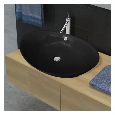 vidaXL Ceramic Basin Oval with Overflow Black 59x38.5x19cm Countertop Sink