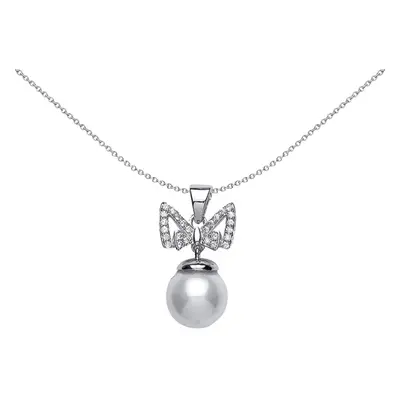 Jewelco London Ladies Sterling Silver Cubic Zirconia & Simulated Pearl Bow Charm Necklace 9mm in