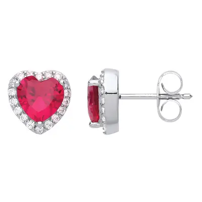 Jewelco London Ladies Sterling Silver Ruby-Red Heart Cubic Zirconia Love Halo Solitaire Stud Ear