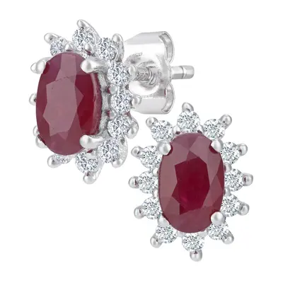 Jewelco London 9ct White Gold Round 1/4ct Diamond Oval 1.21ct Ruby Cluster Stud Earrings - PE0AX