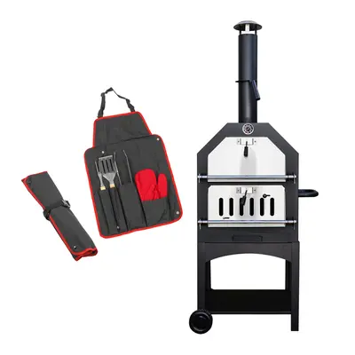 KCT Outdoor Wood Fired Pizza Oven with Stone, Temperature Gauge, Storage Shelf and BBQ Tool Set