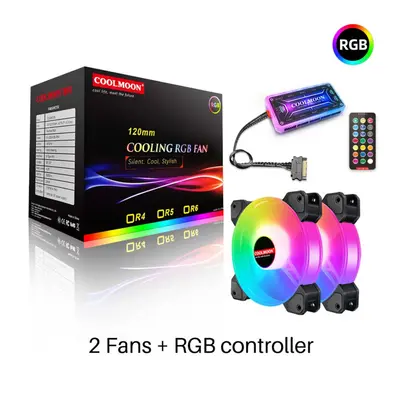 (2x Fans + RGB controller) 120mm Cooling Fan RGB 6PIN Computer Case Colorful Radiator Cooler PC 