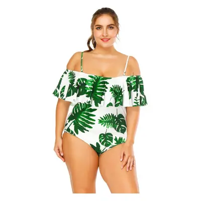 (Green White, 3XL) Sexy Women Floral Print Strappy Swimsuit One Piece Ruffle Trim Padding Beachw