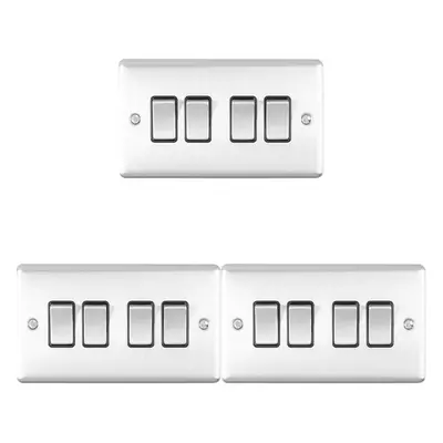 3 PACK Gang Quad Metal Light Switch SATIN STEEL Way 10A Black Trim