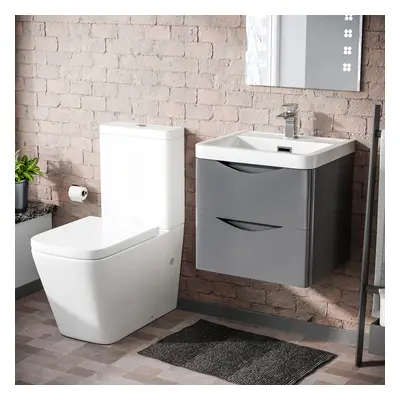 Nes Home Grey 500mm Wall Hung Vanity Basin Unit & Close Coupled Toilet