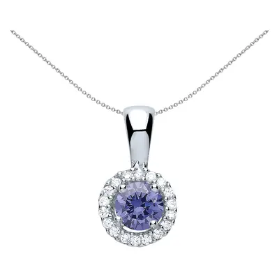 Jewelco London Ladies Rhodium Plated Sterling Silver Lilac CZ Solitaire Halo Pendant Necklace in