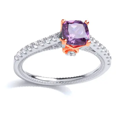 (M) Jewelco London Ladies Rhodium & Rose Gold-Plated Sterling Silver Purple Cushion CZ Majestic 