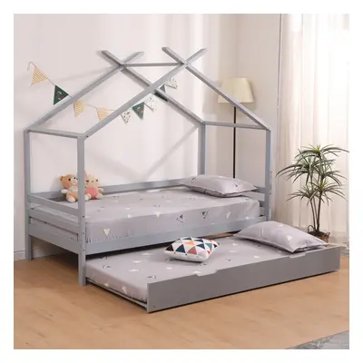 (Grey With Trundle, No Mattress) Teddy Kids Wooden House Treehouse Single Bed & Optional Trundle