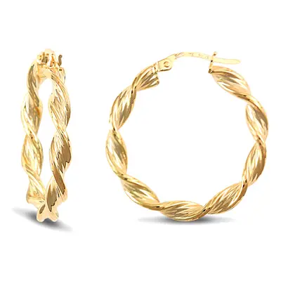 Jewelco London Ladies 9ct Yellow Gold Barked Platted Candy Twist 3.5mm Hoop Earrings 27mm - JER1