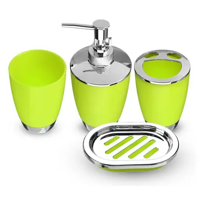 (Light Green) 4Pcs Plastic Bathroom Set Cup Toothbrush Holder Soap Dish Dispenser Bottle Washroo