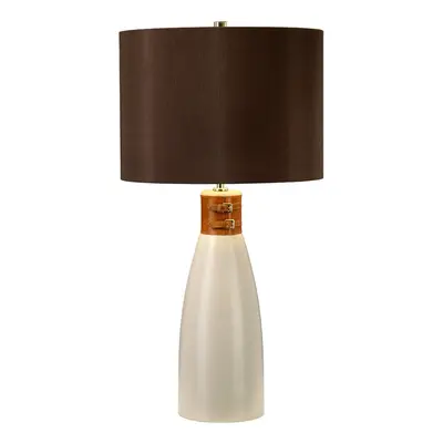 Table Lamp Brown Leather Brass Strap Brown Faux Silk Cylinder Shade LED E27 60W