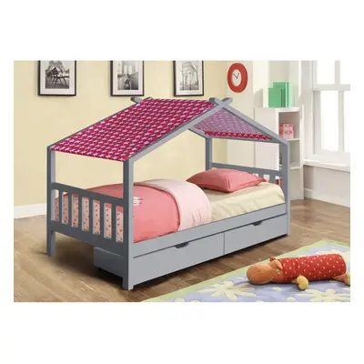 (With Kerri Mattress, With Pink Tent) 3ft Grey Wooden Storage House Bed With Tent and Mattress O