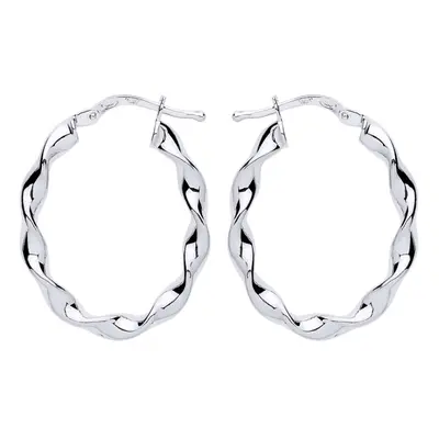 Jewelco London Ladies Sterling Silver Ribbon Twist Oval Hoop Earrings 21mm x 27mm - ER110