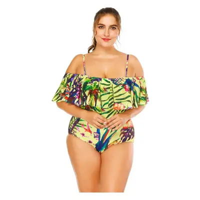 (Colorful, 2XL) Sexy Women Floral Print Strappy Swimsuit One Piece Ruffle Trim Padding Beachwear