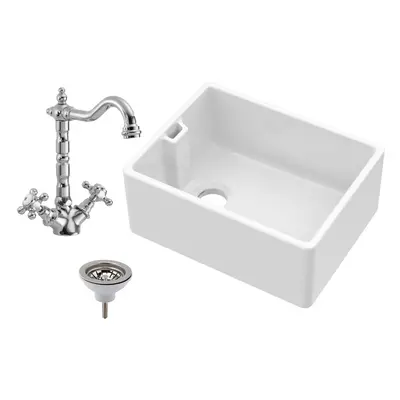 Single Bowl Fireclay Belfast Kitchen Sink, French Classic Tap & Waste, 595mm