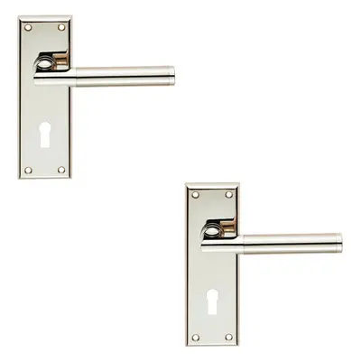 2x Round Bar Section Handle on Lock Backplate x 50mm Polished Satin Nickel