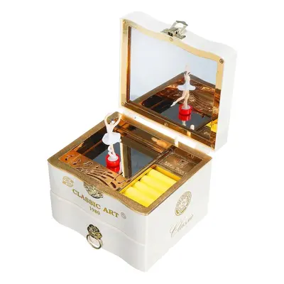 (White) Hand Crank Rotating Dancers Ballerina Music Box Metal Antique Jewelry Box