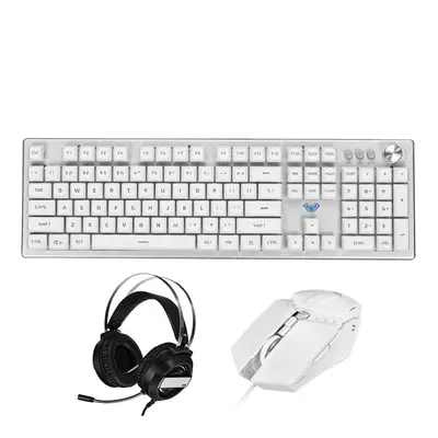 (White) 3-In-1 LED Backlit Gaming Keyboard Mouse Noise-Canceling Headset Combo with Mouse Pad