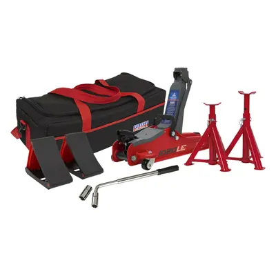 Short Chassis Trolley Jack Kit - Axle Stands & Wheel Chocks - Wrench Set - Red