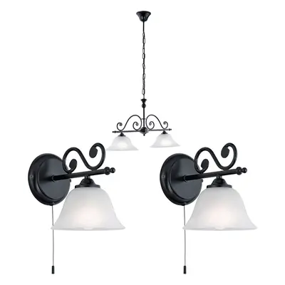 Twin Ceiling Pendant Light & 2x Matching Wall Lights Black & Alabaster Glass