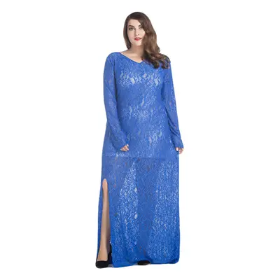 (Blue, 4XL) Women Lace Maxi Dress V-Neck Full Sleeve Lined Evening Party Solid Long Plus Size