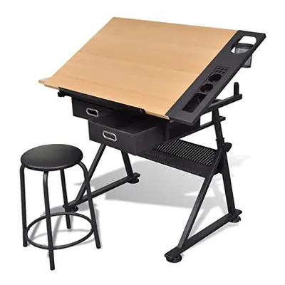 vidaXL Tiltable Tabletop Drawing Table with Stool Home Office Durable with Drawers