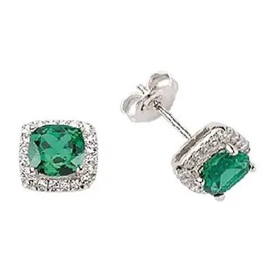 Jewelco London Ladies Sterling Silver Emerald-Green Asscher Cubic Zirconia Halo Cluster Stud Ear