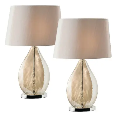 2 PACK Table Lamp & Shade Gold Tinted Glass & Mink Fabric Pretty Bedside Light