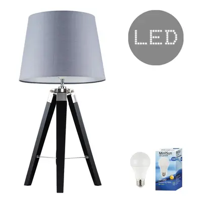 Modern Black Wood and Silver Chrome Tripod Table Lamp with a Grey Tapered Light Shade - Complete