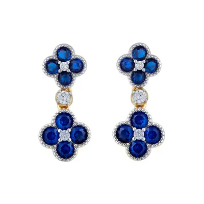 Jewelco London 14k Gold-plated Silver Blue Round Brilliant CZ Double Clover Solitaire Drop Earri