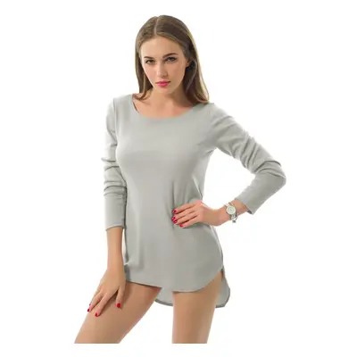 (Grey, L) Women T-shirt Solid Color O-Neck Long Sleeves High-low Hem Pullover Casual Blouse