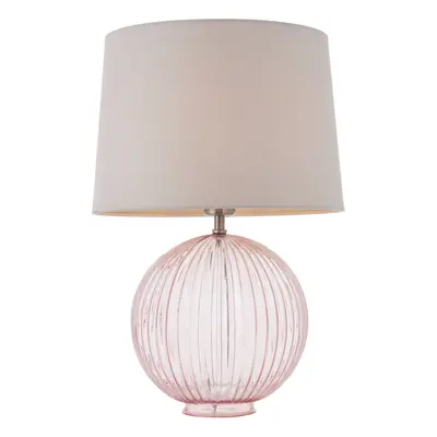 Table Lamp Dusky Pink Ribbed Glass & Natural Linen 40W E27 Bedside Light