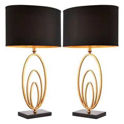 2 PACK Modern Table Lamp Light Gold Ring & Black Marble Square Base Round Shade