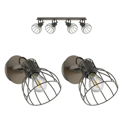 Quad Ceiling Light & 2x Matching Wall Lights Industrial Metal Cage Asjustable