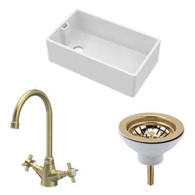 Fireclay Kitchen Bundle - Single Bowl Belfast Sink, Strainer Waste & Mono Crosshead Tap, 795mm -