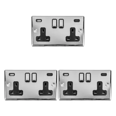 3 PACK Gang Double UK Plug Socket & Dual 3.1A USB-C & A CHROME 13A Switched