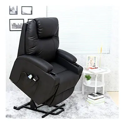 (Black) Cinemo Elecrtic Rise Recliner Leather Massage Heated Armchair Lounge Chair