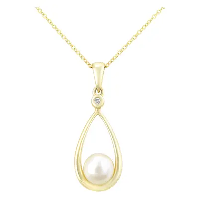 Jewelco London 9ct Yellow Gold Round 1pts Diamond Round Pearl 6mm Teardrop Pendant Necklace inch