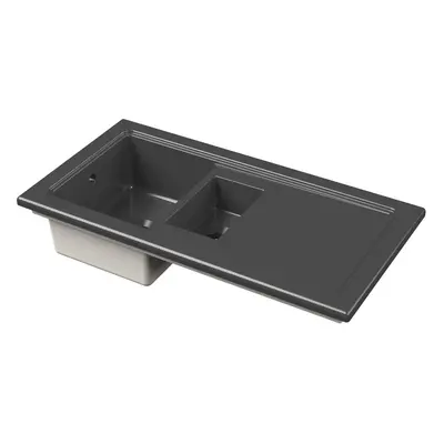 Fireclay Ceramic 1.5 Bowl Kitchen Sink & Plain Drainer - 1010mm - Soft Black