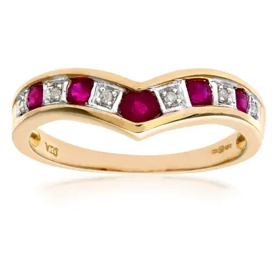 (Q) Jewelco London 9ct Yellow Gold Ruby & Diamond Wishbone Ring