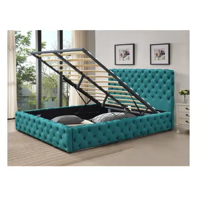 (With Kerri Mattress, 4ft6 Double) Tufted Fabric Gas Lift Ottoman Bed Frame In Green 3ft, 4ft6 O