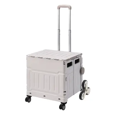 (02 White and Grey) 50L Collapsible Rolling Utility Crate Portable Handcart Shopping Trolley for