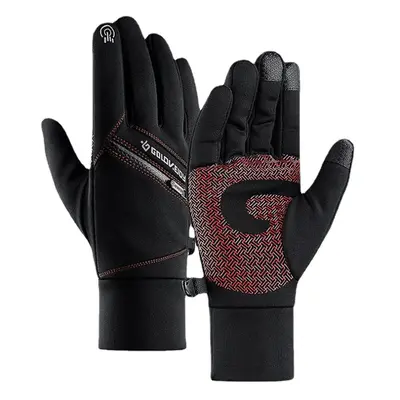 (Red, M) Unisex Winter Warm Touch Screen Gloves Waterproof Fleece Zipper Pocket Gloves Skiing Cy