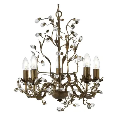 5 LIGHT CHANDELIER, BROWN GOLD FINISH WITH LEAF DESIGN AND CRYSTAL DRESSING