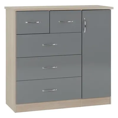 Nevada Drawer Door Low Wardrobe Grey Gloss and Light Oak Effect Veneer