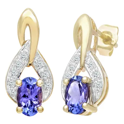 Jewelco London 9ct Yellow Gold Round 7pts Diamond Oval 1ct Tanzanite Teardrop Drop Earrings - PE