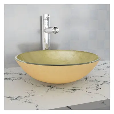 vidaXL Basin Tempered Glass 42cm Gold Cloakroom Bathroom Above Counter Sink