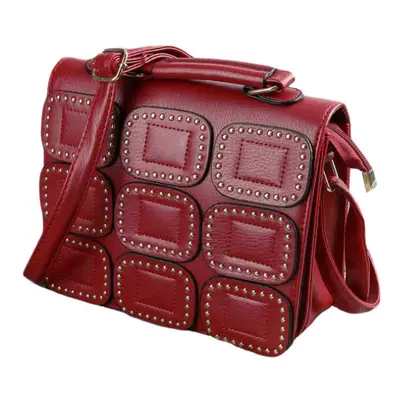 (Red) Women Crossbody Bag PU Leather Rivet Flap Magnetic Press Stud Shoulder Handbag