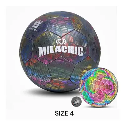 (Rainbow, Size 4) Reflective Soccer Ball Glowing Luminous Non Slip Football Glow In Dark with Ca